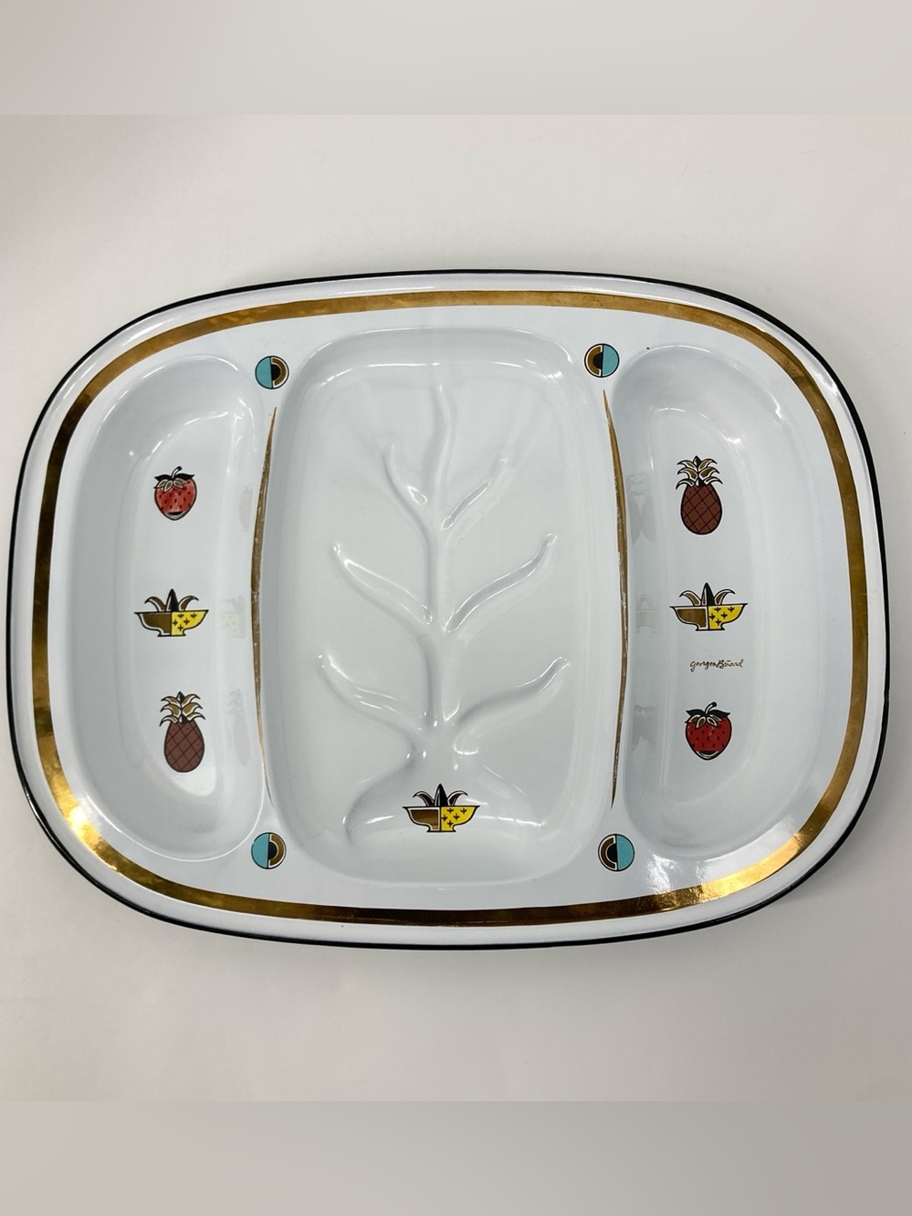 Vtg Georges Briard Enamel Divided Serving Tray MCM Fruit Gold-Trimmed Retro 18"